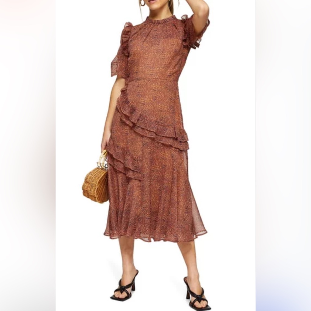 Topshop Orange Ruffle Frill Tea Midi Dress